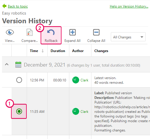 Choose the topic version and click the Rollback button to get back to the version