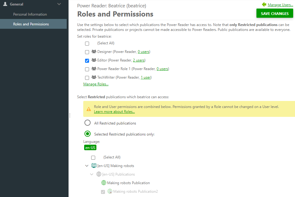 The Roles and Permissions section of a particular Power Reader settings
