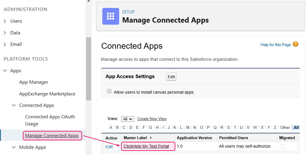 To change up security settings, go to the Manage Connected Apps screen and click the application you've just registered