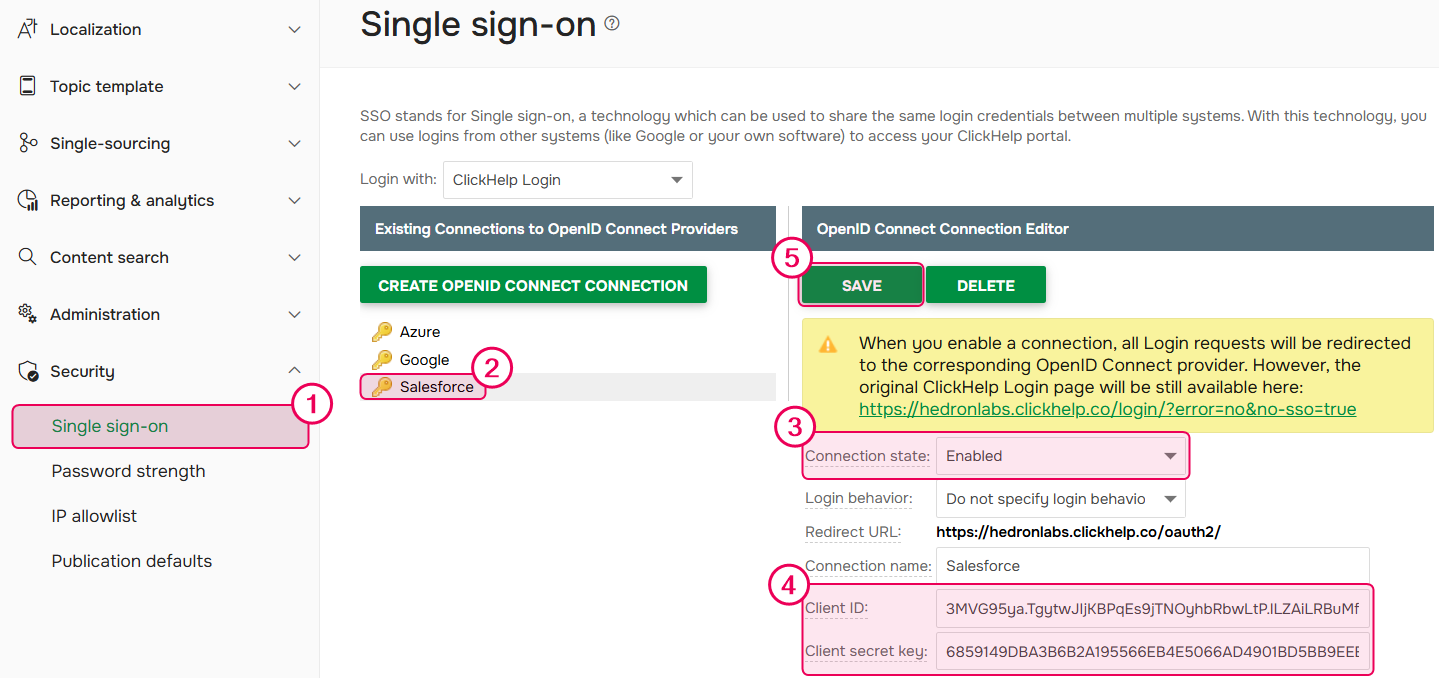 Insert the Client ID and Client secret key in the ClickHelp Single Sign-On settings