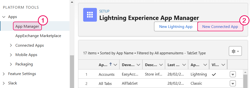 Open the App Manager page and click New Connected App