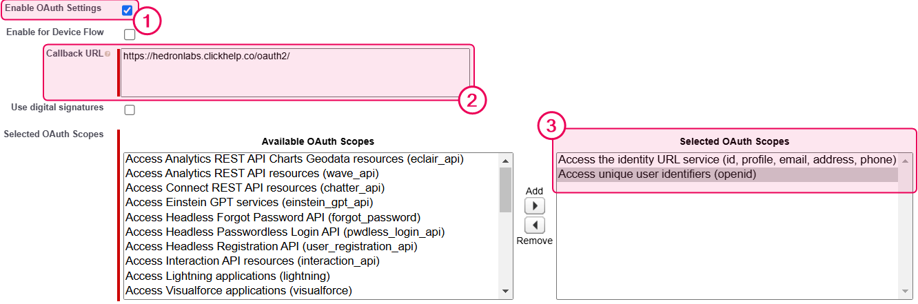 Put the redirect URL to the Salesforce Callback field and move the necessary scopes to the list