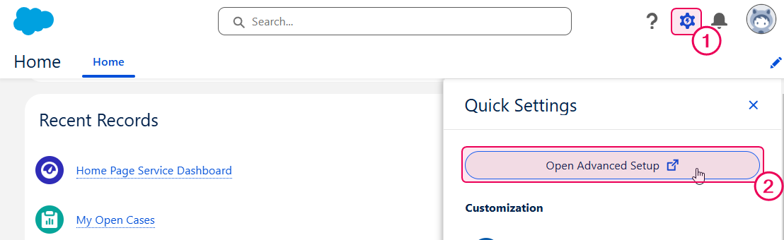 The Setup icon in the Salesforce org