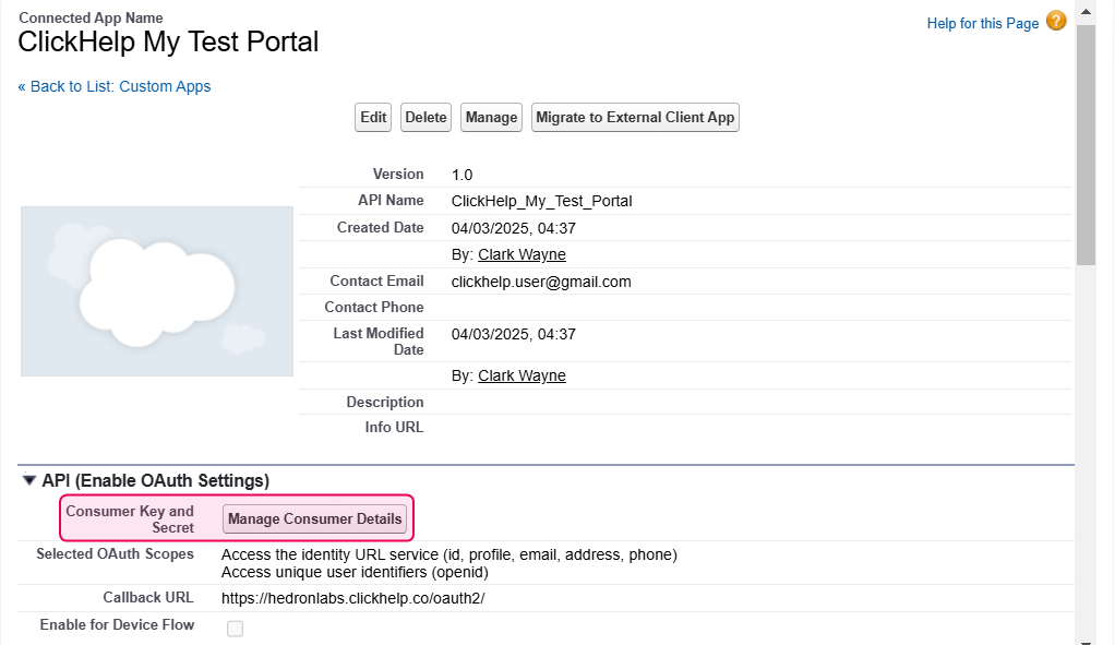 Find the Consumer Key and Consumer Secret values on the app summary page