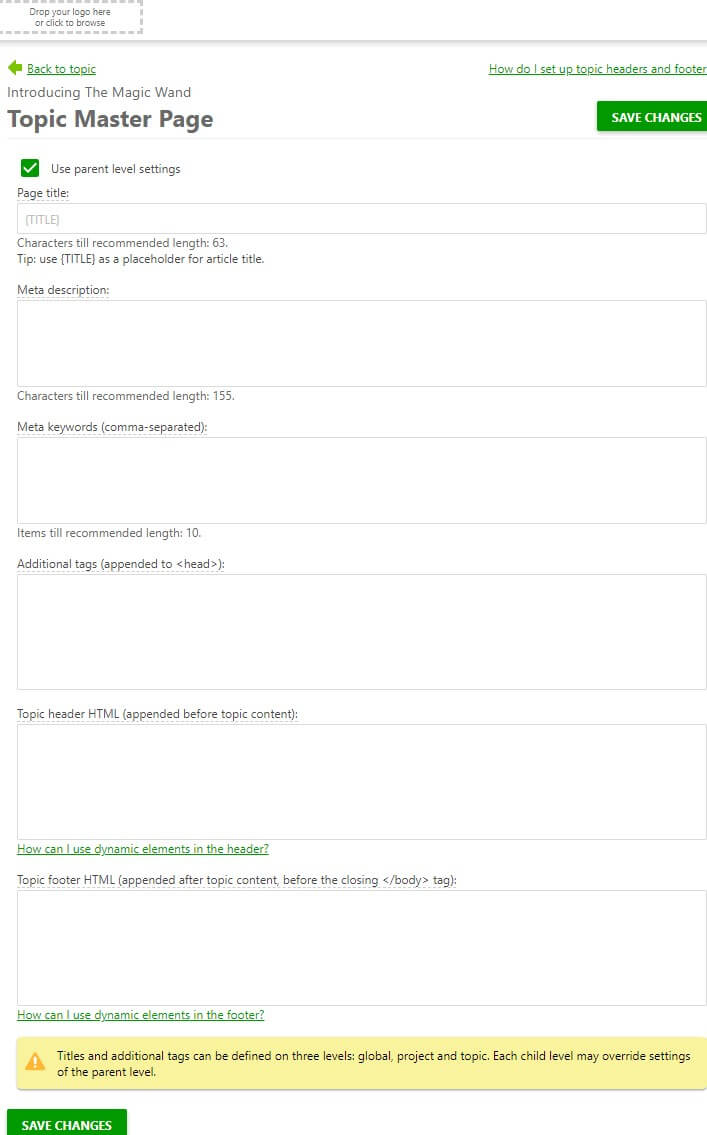 The Topic master page section in the topic properties