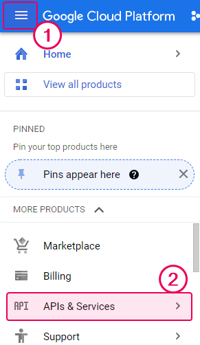 APIs & services button in the Navigation menu of Google Cloud Platform Console