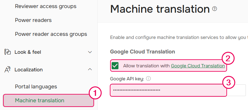 Google Cloud Translation in Machine Translation setting's section