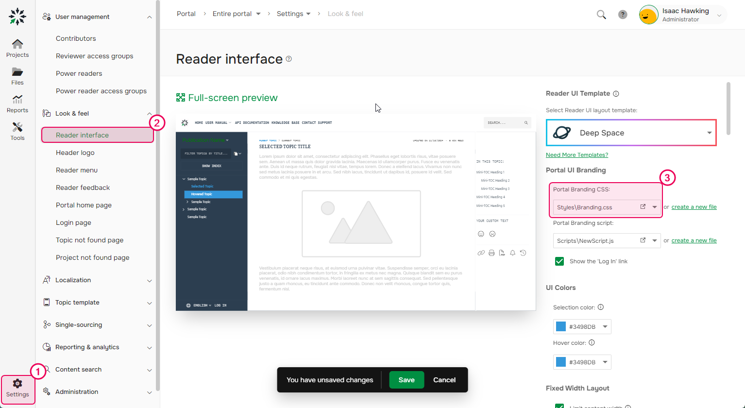 The Portal branding CSS section in the Reader Interface settings
