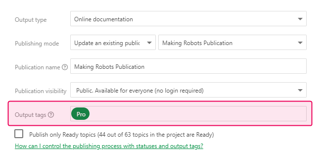 Specify the output tag in the Publishing wizard
