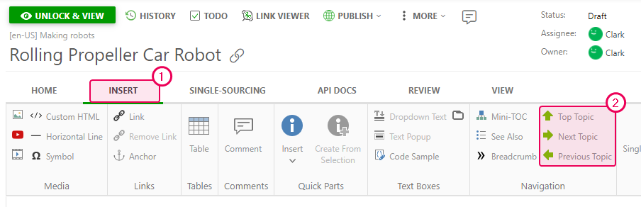 The Navigation section on the Insert tab of the Ribbon bar