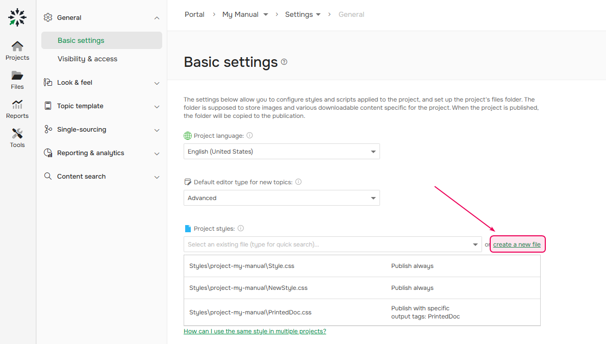 The create a new file link in the project settings