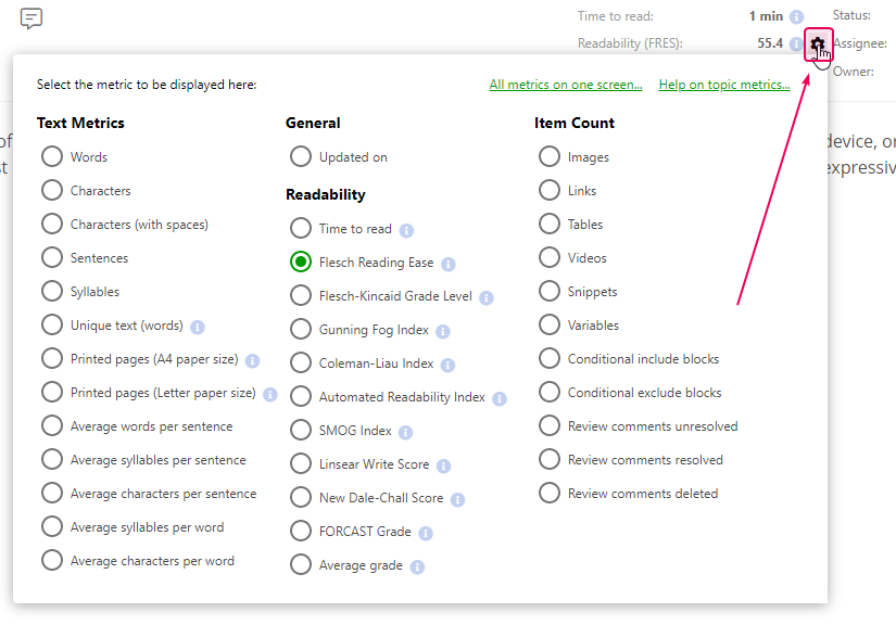 Click the gear icon in the topic header to select the metric to display