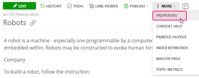 Click the topic properties link on the topic main menu