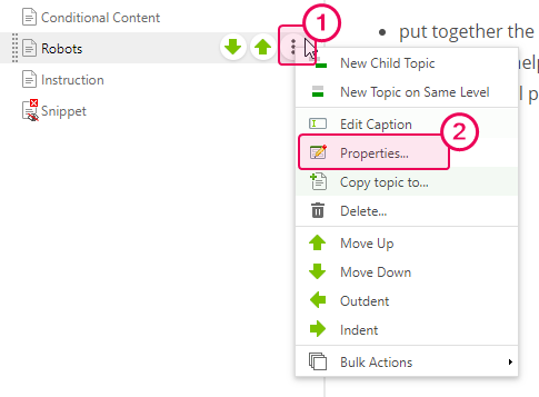 Click the topic properties link in the TOC