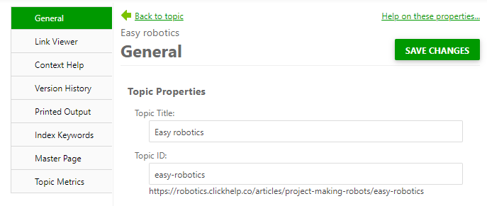 The Topic properties section on the General topic properties page
