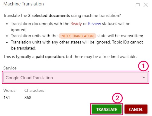 The Machine Translation pop-up window in the translator workspace