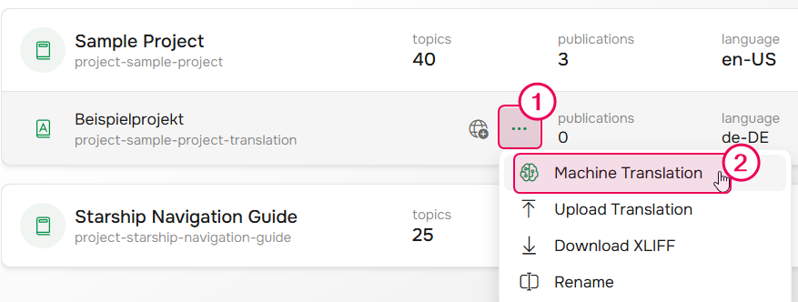 The Machine Translation button in the Projects page