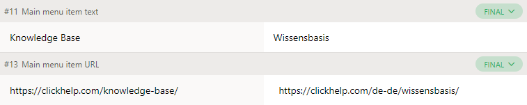 The Main menu items section in the Translation Editor