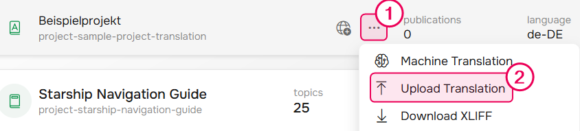 Upload XLIFF button on the Projects page