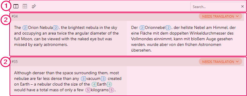 Two parts of the Translation Editor