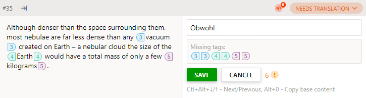 Click into the translation content cell to open an in-place editor