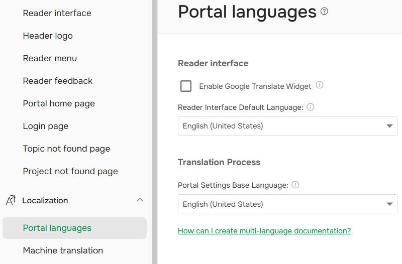 The Portal Languages section of the Portal settings