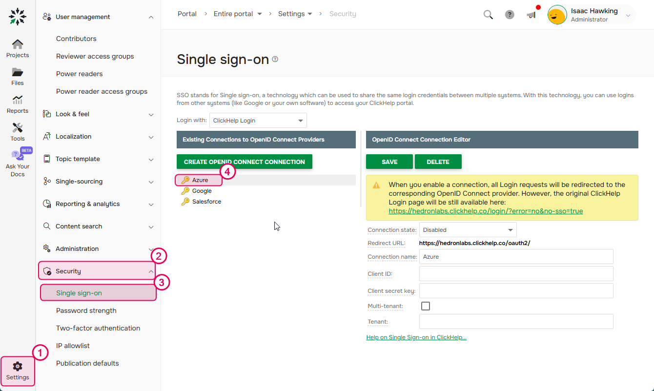 Open the ClickHelp Single Sign-On settings and specify the Redirect URL