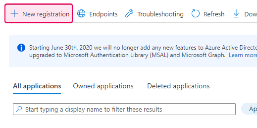 Click the New registration link on the App registrations screen