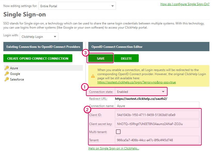 Populate the corresponding fields of the Azure client in ClickHelp with the values from Azure
