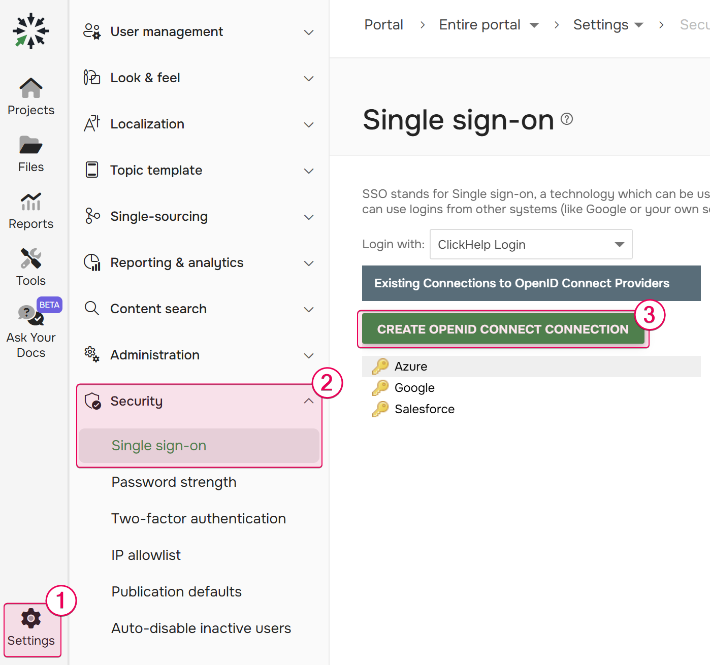 The Create OpenID connect connection in the ClickHelp Single Sign-On settings