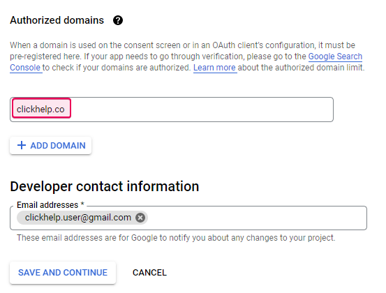 Fill in the Authorized domain