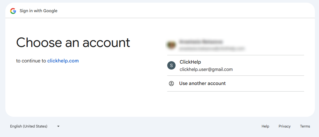 The Google login prompt when logging into ClickHelp