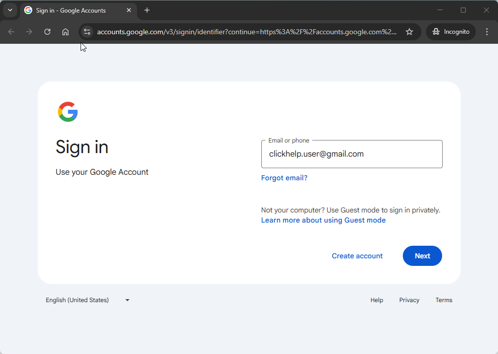 Automatic redirection to the Google account login page