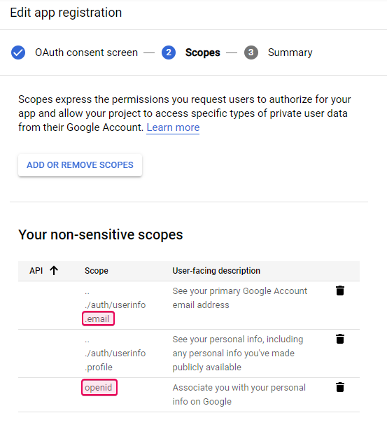 Add or remove scopes on the Scopes screen