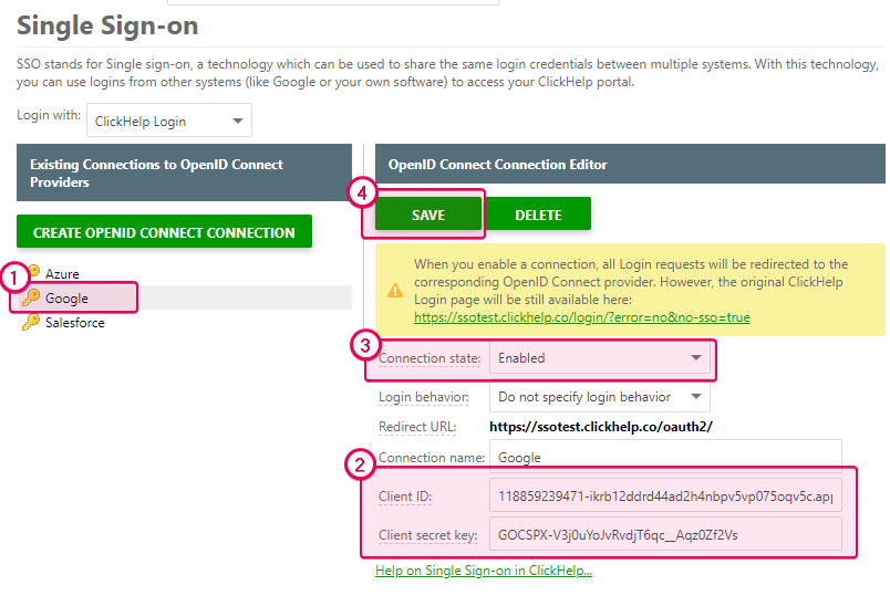 In the Single Sign-On section select Google, specify Client ID and Client Secret