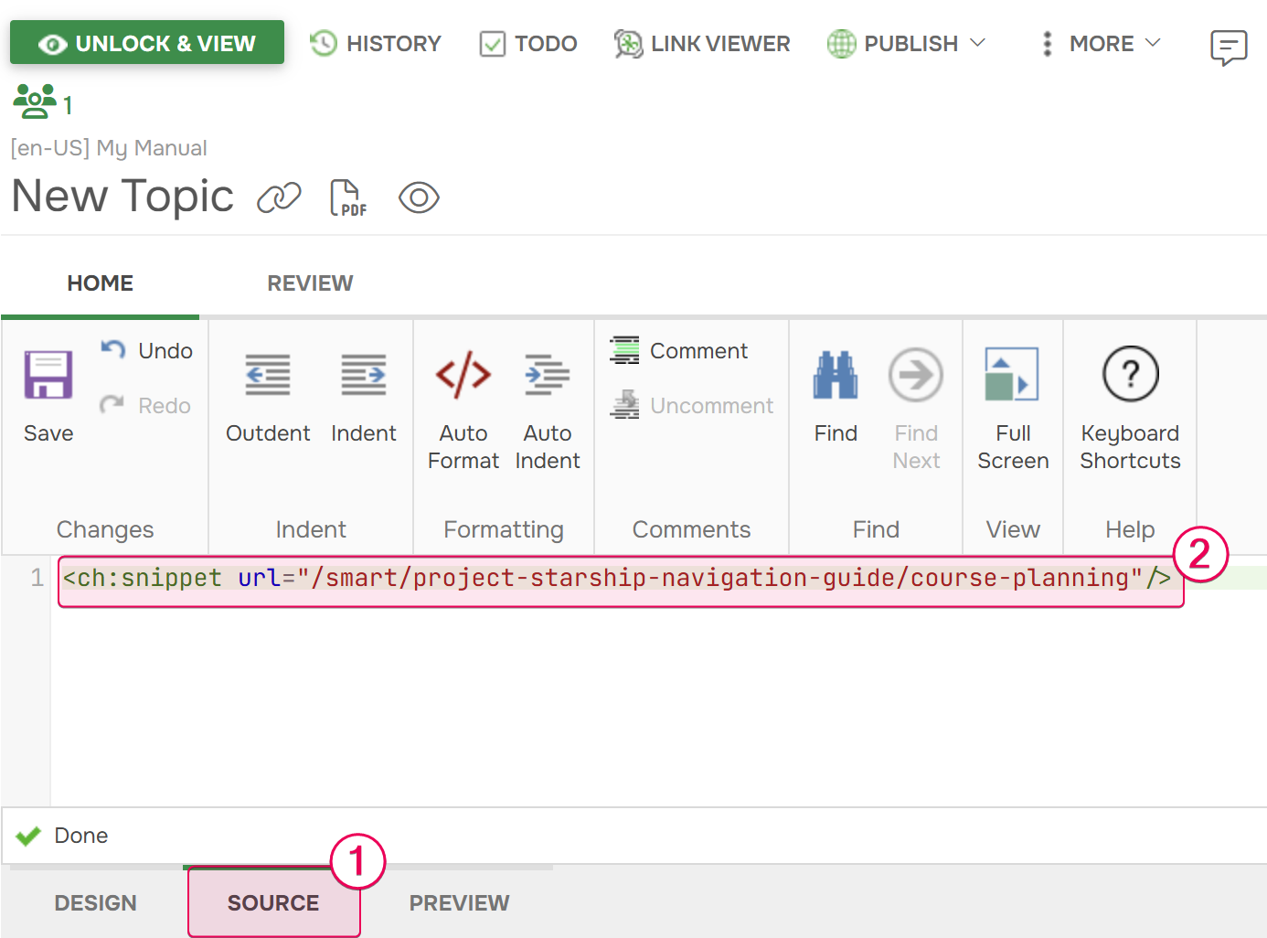 Copy the snippet markup from the topic