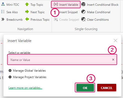 The Insert variable button in the Single-sourcing tab of the Ribbon bar