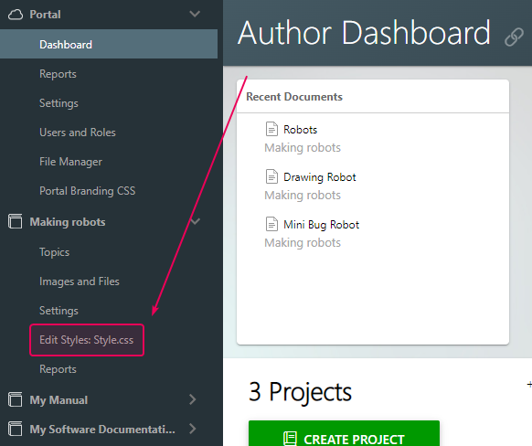 The Edit CSS command on the Projects page