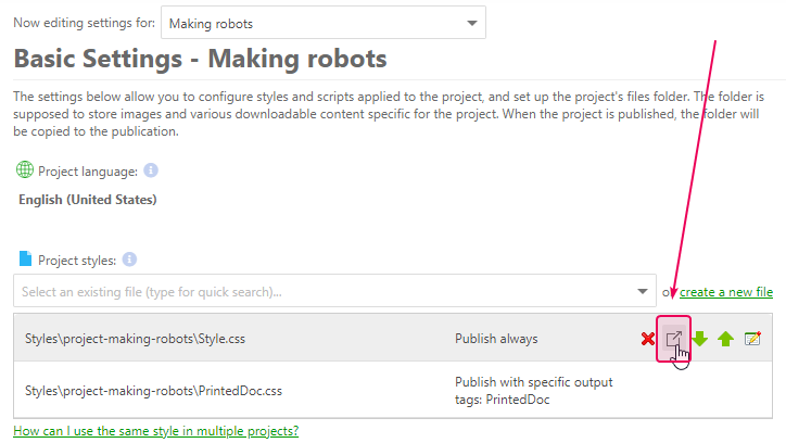 Click the Open for editing link to open the CSS file