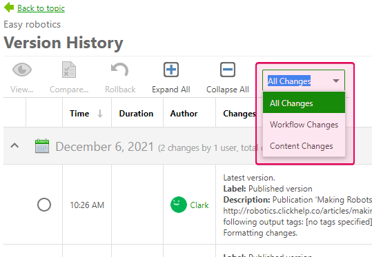 Drop-down list if types of changes in the Version history