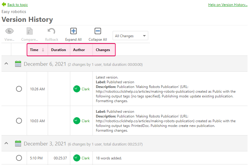 Version list columns
