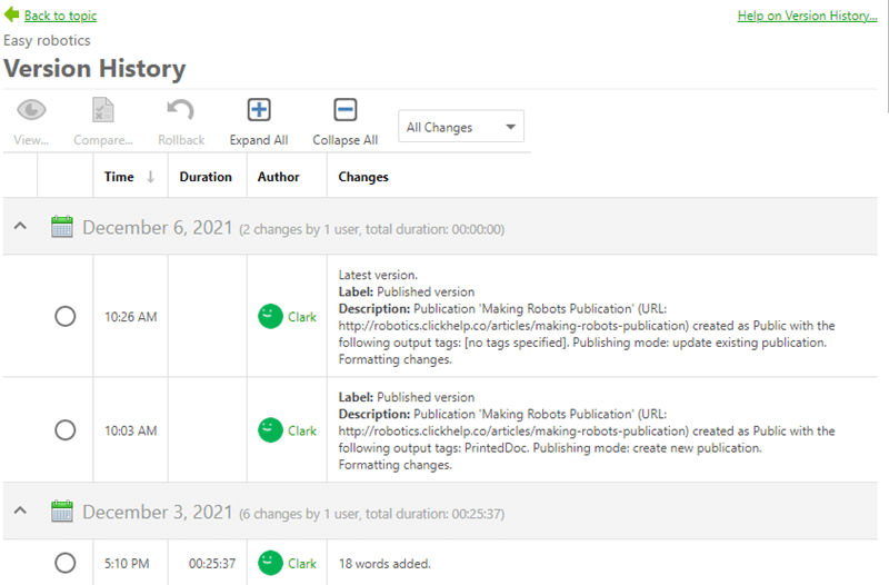 The Version History section in the topic properties