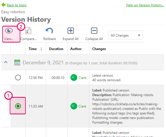 Choose the topic version and click the View button to view the version