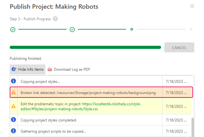 Broken links displayed on the third step of the Publishing process