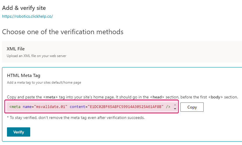 Copy the meta tag in the HTML Meta tag window