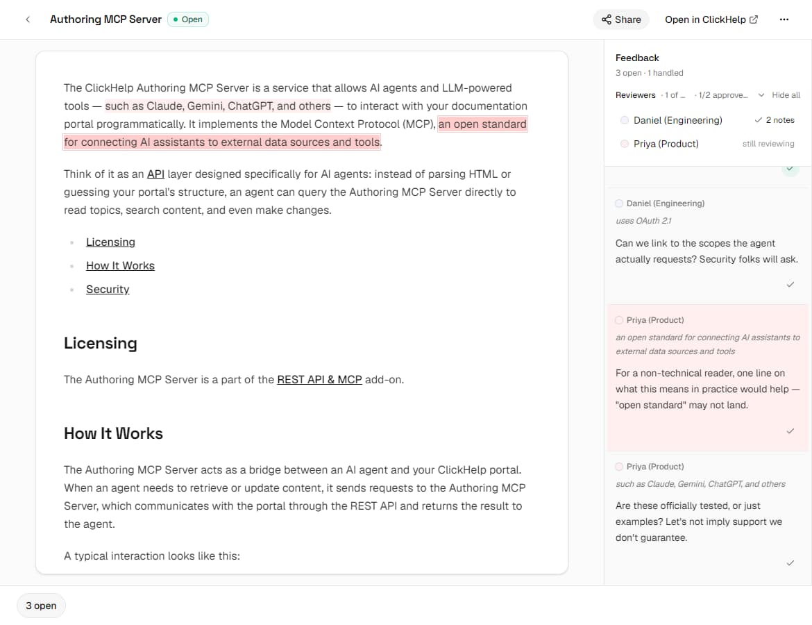 Author view of a guest review: the article with reviewer-highlighted passages on the left, and the Feedback panel on the right listing notes attributed to each reviewer.