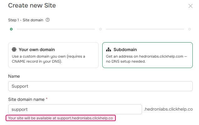 Entering a name for the subdomain.