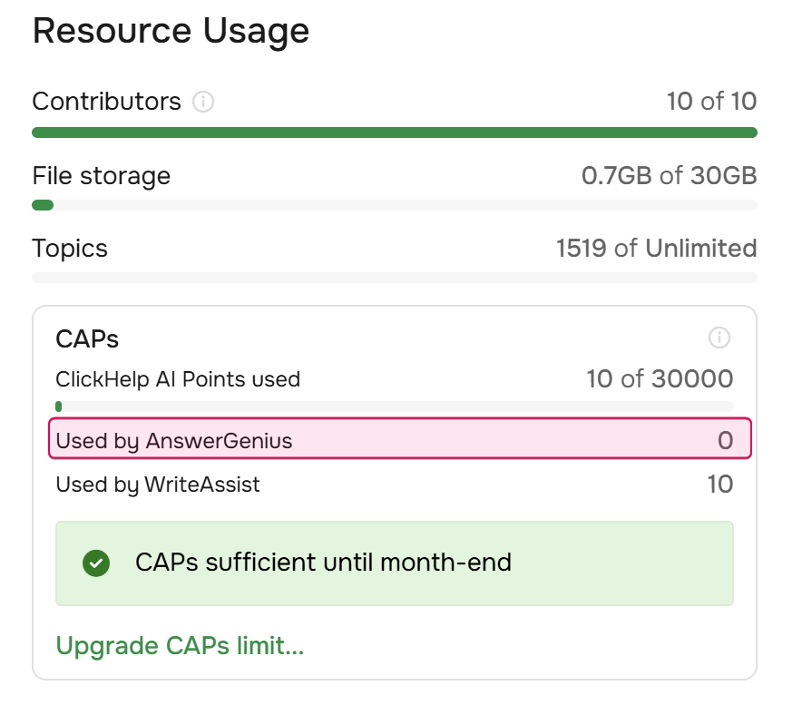 Resource usage in the Subscription page.