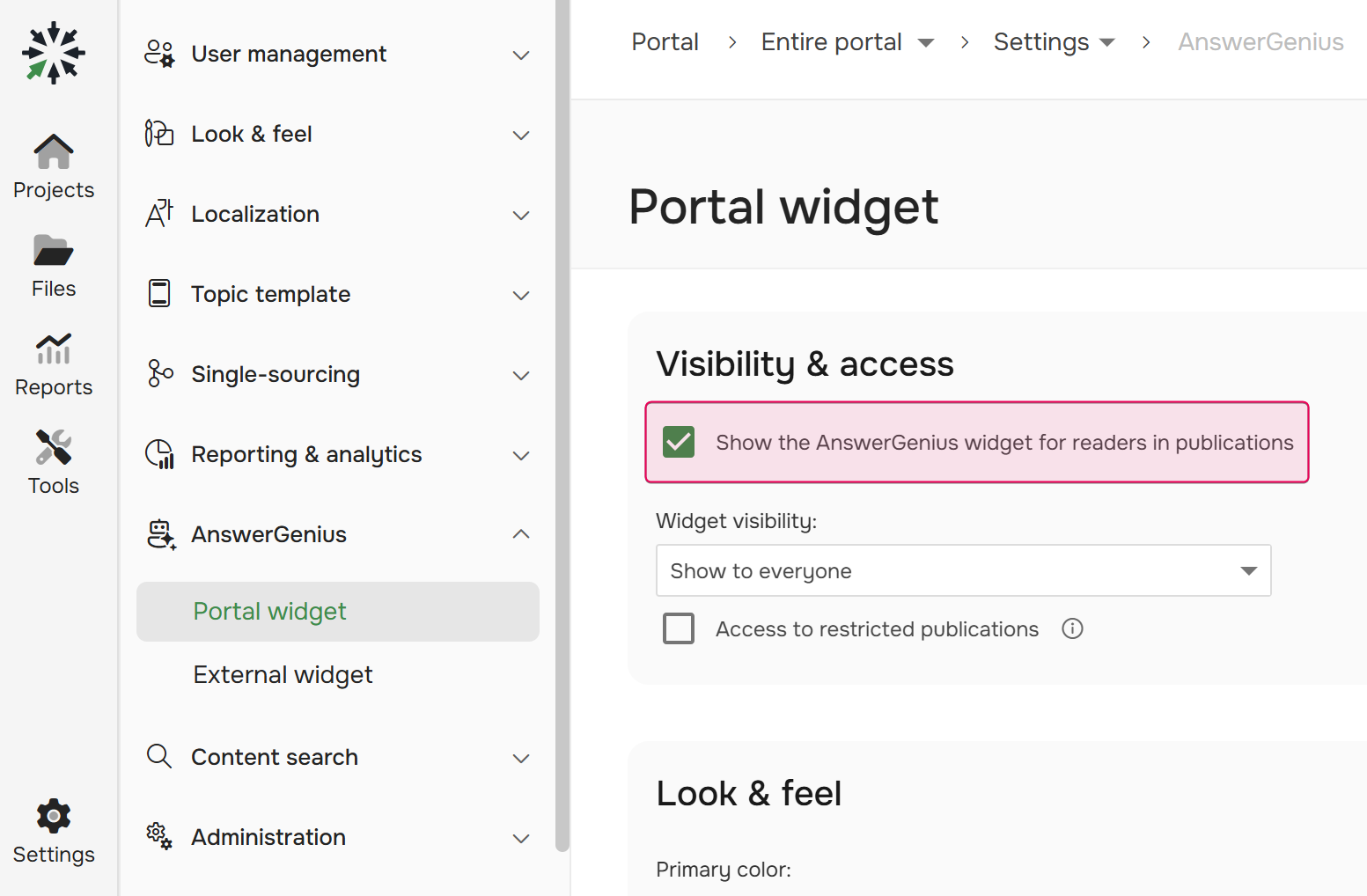 The AnswerGenius checkbox in portal settings.