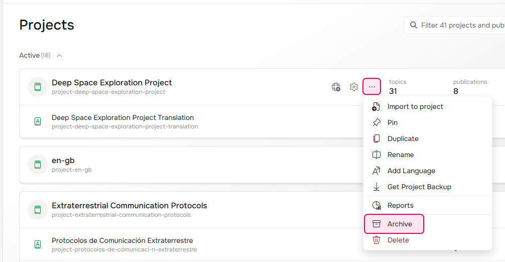 Archive project option.